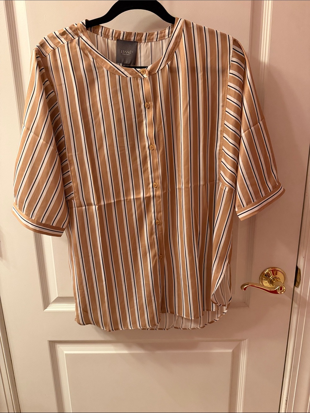 Lysse Short-Sleeve Tan, White & Black Striped Button-Front Shirt